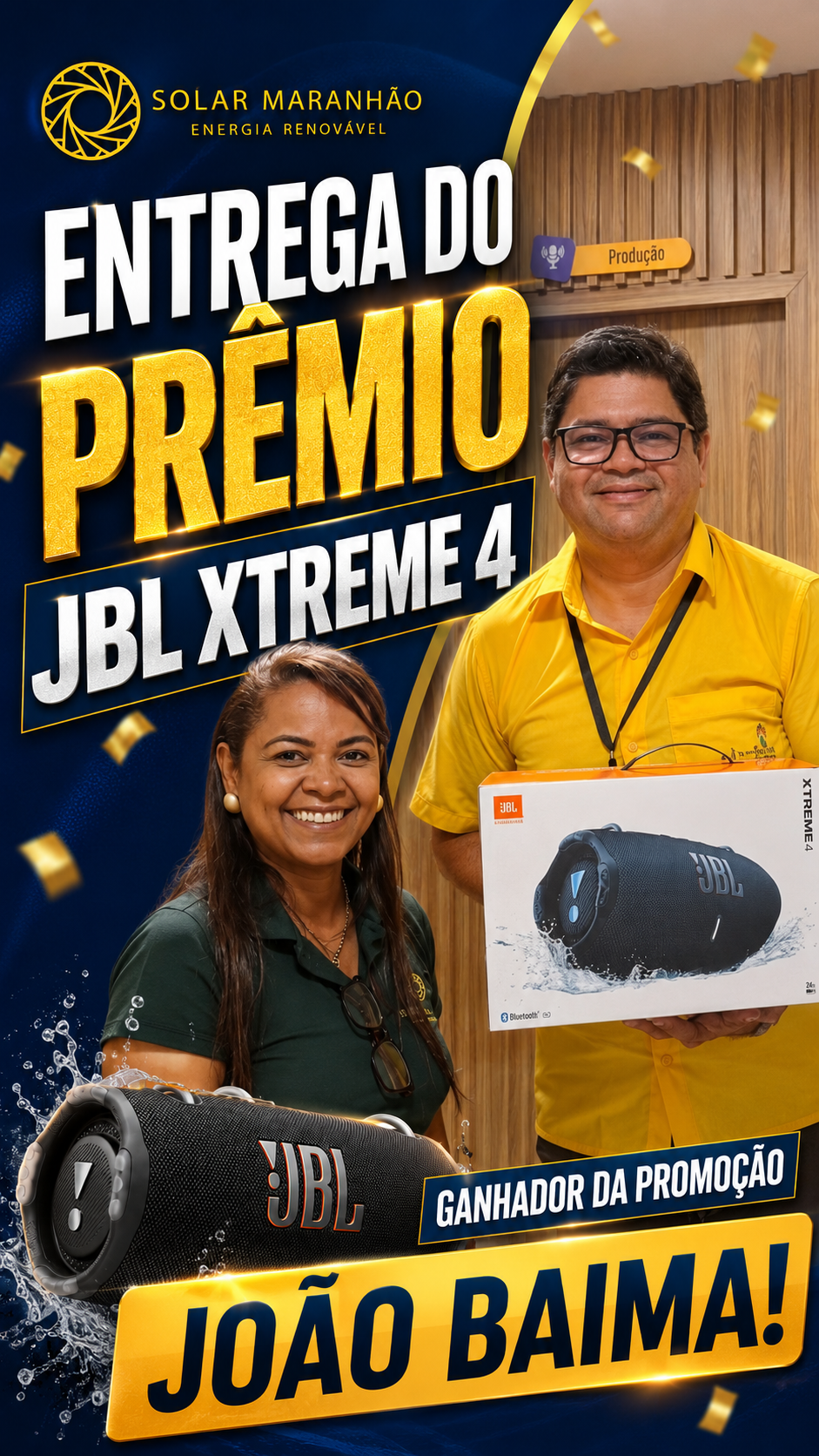 Arte da entrega do prêmio JBL Xtreme 4 da Solar Maranhão, com João Baima, ganhador da promoção
