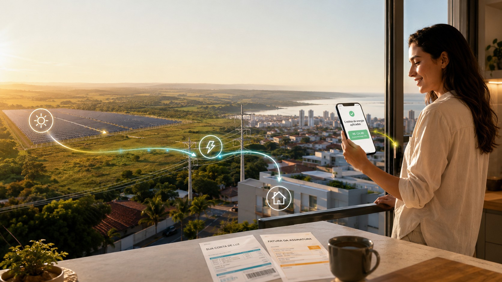 Ilustração do caminho da energia solar por assinatura: usina solar, rede de distribuição e créditos de energia aplicados na conta de luz vista no celular