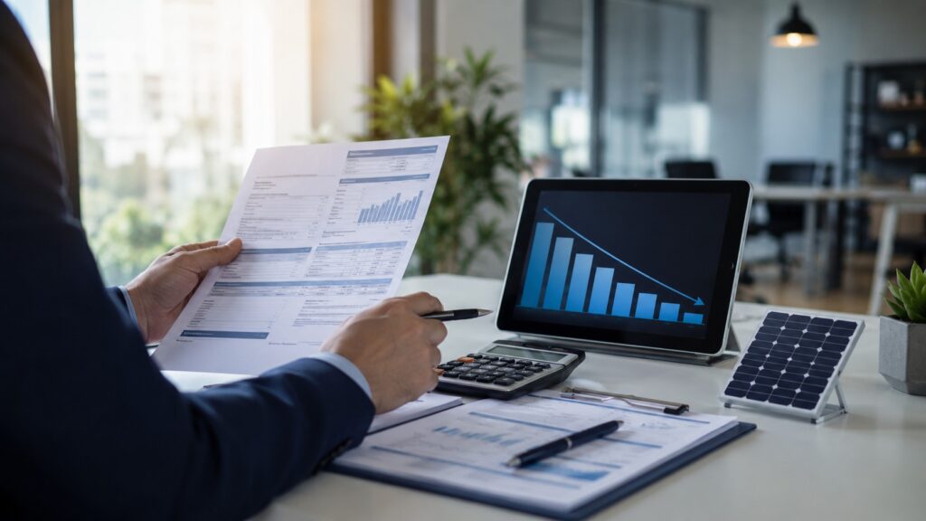 Empresário analisa a fatura de energia da empresa ao lado de tablet com gráfico de consumo em queda, calculadora e miniatura de painel solar