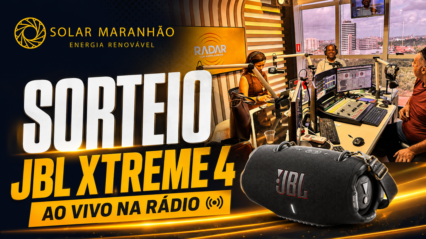 Arte do vídeo do sorteio da JBL Xtreme 4 da Solar Maranhão, ao vivo no programa Radar, da 92.3 FM