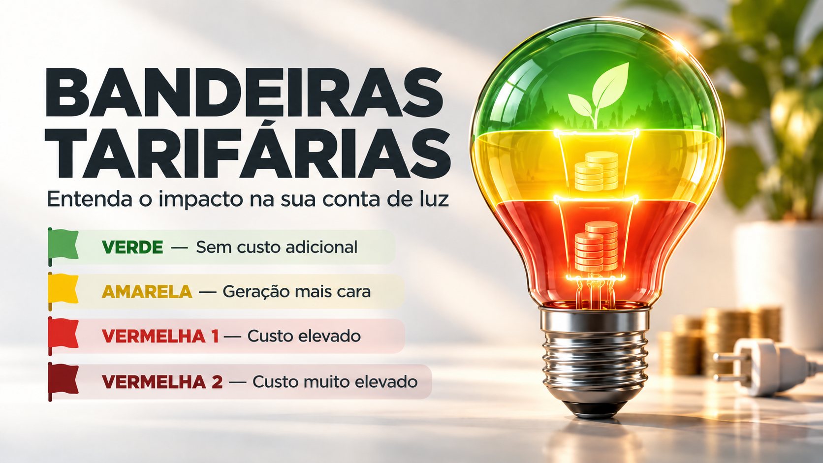 Lampada com o vidro dividido em faixas verde, amarela e vermelha, ao lado da lista das quatro bandeiras tarifarias e de pilhas de moedas