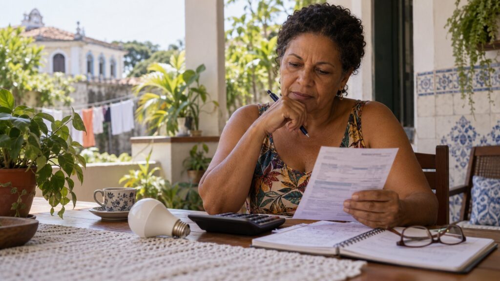 Mulher sentada a mesa de casa analisando a conta de luz, com calculadora, caderno de anotacoes e uma lampada sobre a mesa