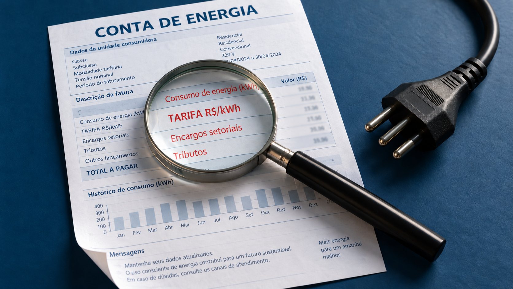 Lupa sobre uma conta de energia destacando as linhas de consumo em kWh, tarifa, encargos setoriais e tributos, ao lado de um plugue de tomada