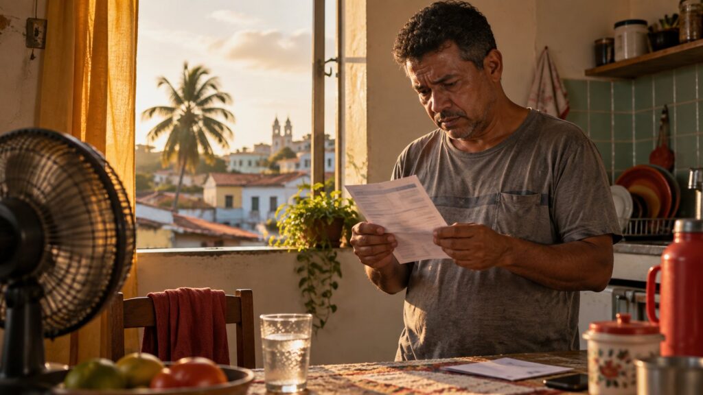 Homem lendo a conta de luz em pe na cozinha, com ventilador ligado e vista de casarios pela janela