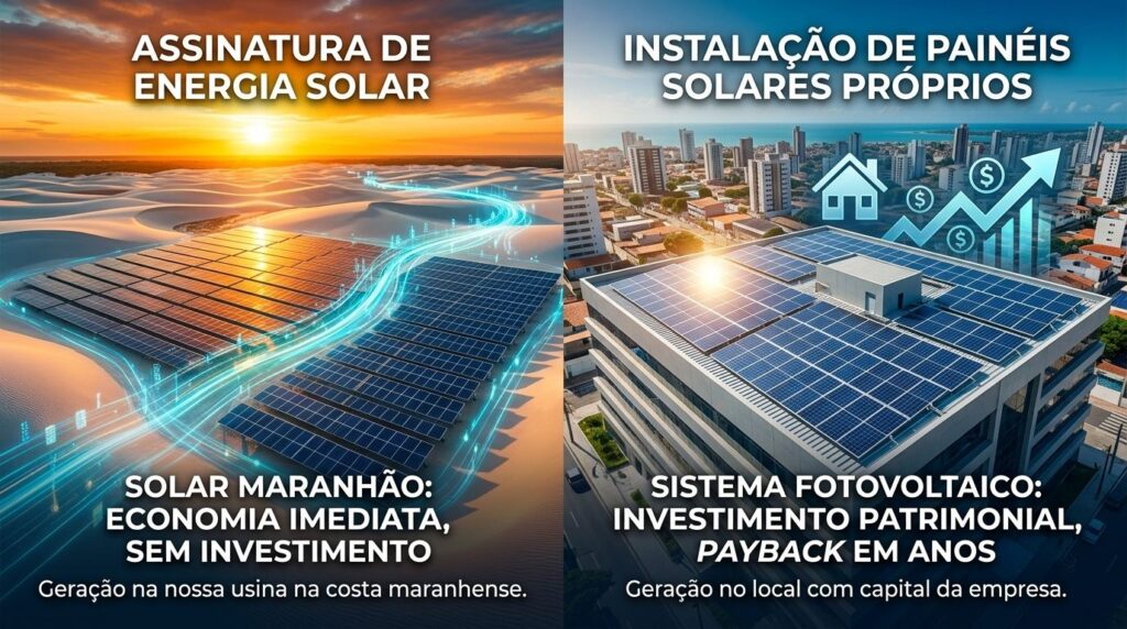 Ilustração que compara a assinatura de energia solar, com usina entre dunas ao pôr do sol, e a instalação de painéis solares no telhado de um prédio comercial
