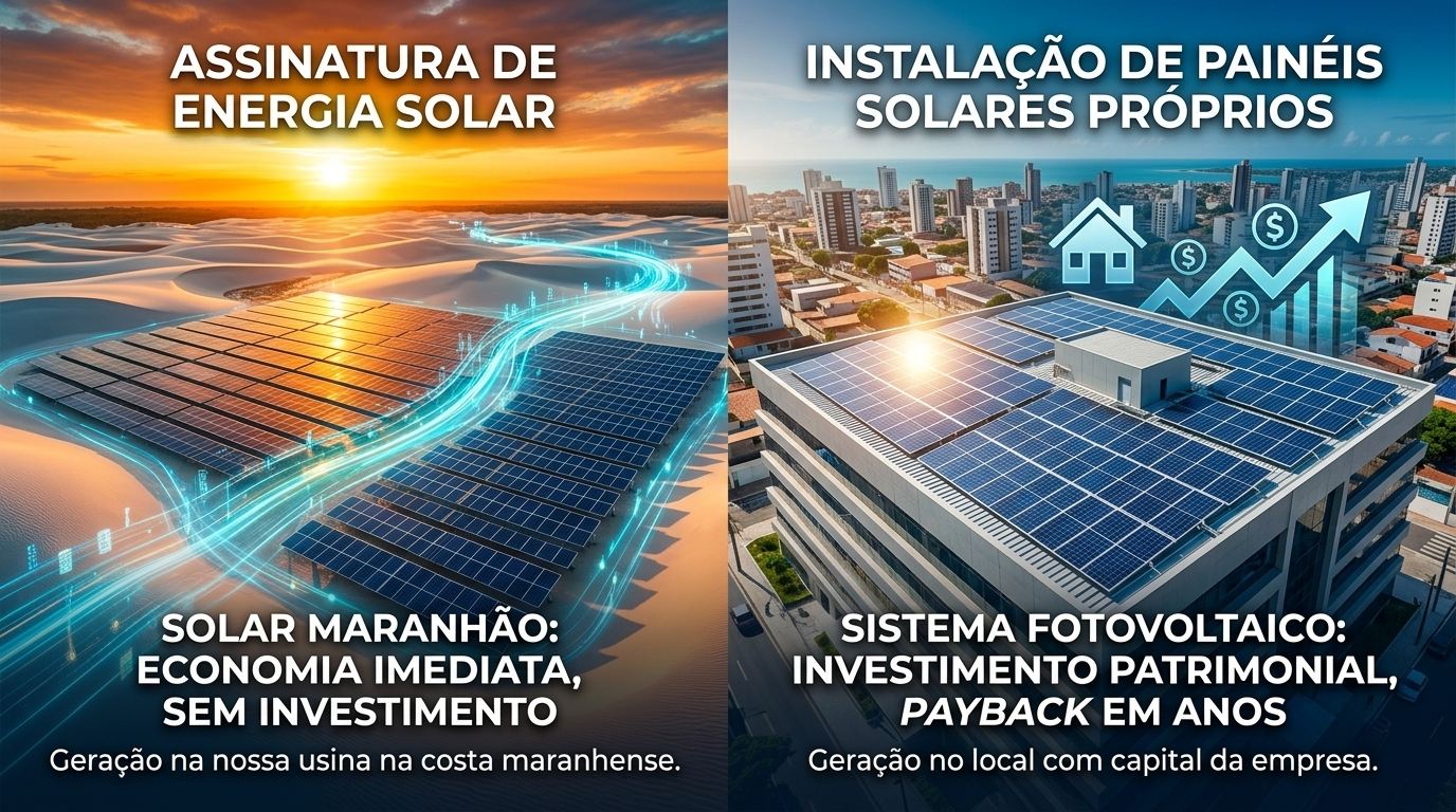 Ilustração que compara a assinatura de energia solar, com usina entre dunas ao pôr do sol, e a instalação de painéis solares no telhado de um prédio comercial