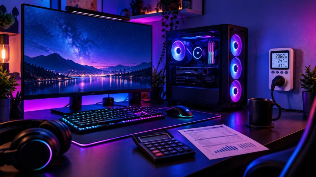 Setup gamer com iluminação RGB, wattímetro de tomada marcando o consumo em watts, calculadora e conta de energia sobre a mesa