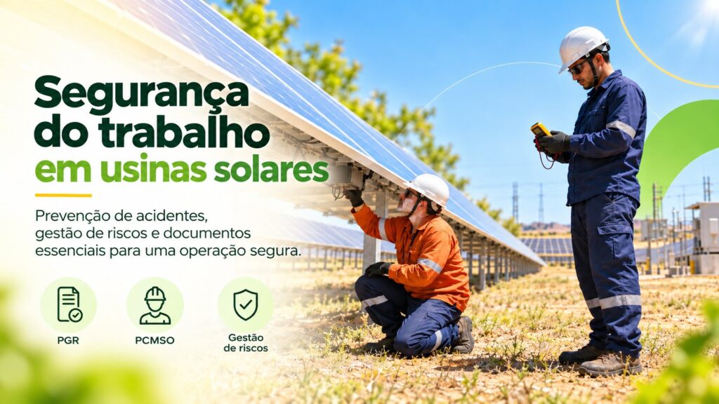 Dois técnicos com capacete branco e uniforme com faixas refletivas trabalham em uma fileira de painéis solares: um, agachado, inspeciona a parte de baixo dos módulos e o outro, de pé, segura um multímetro