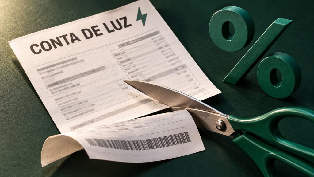 Tesoura cortando uma conta de luz ao lado de dois simbolos de porcentagem, sobre fundo verde